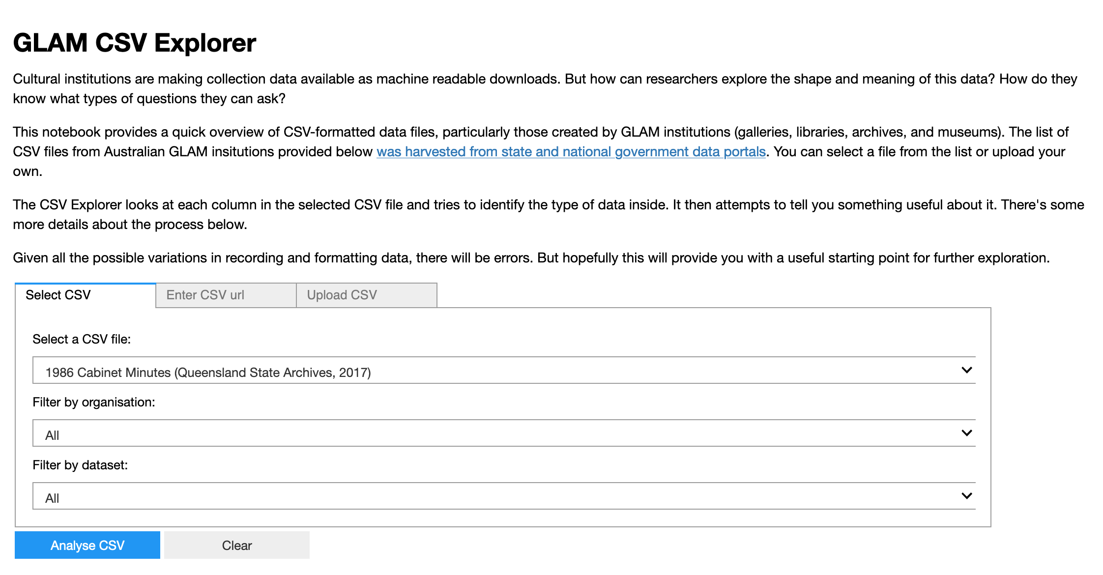 Screenshot of GLAM CSV Explorer. A series of dropdown boxes allow you to select a dataset to analyse.