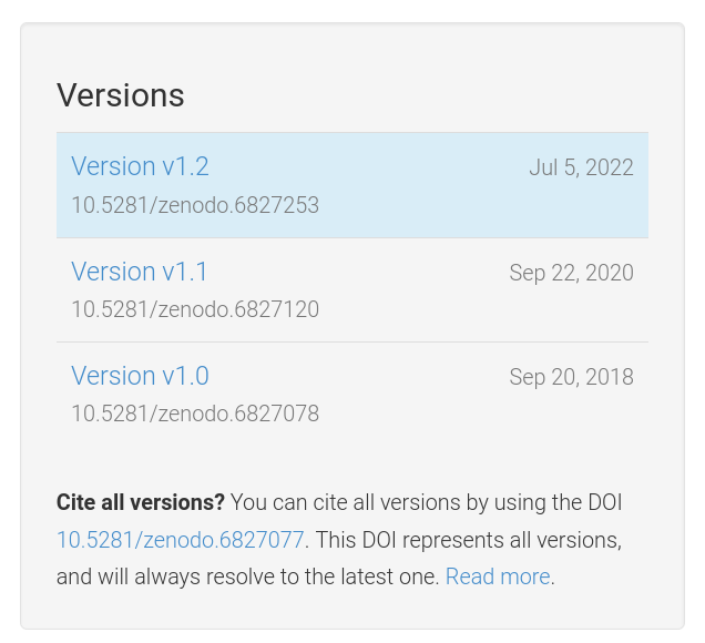 Screen capture of version information from Zenodo showing that there are three available versions, v1.0, v1.1, and v1.2.