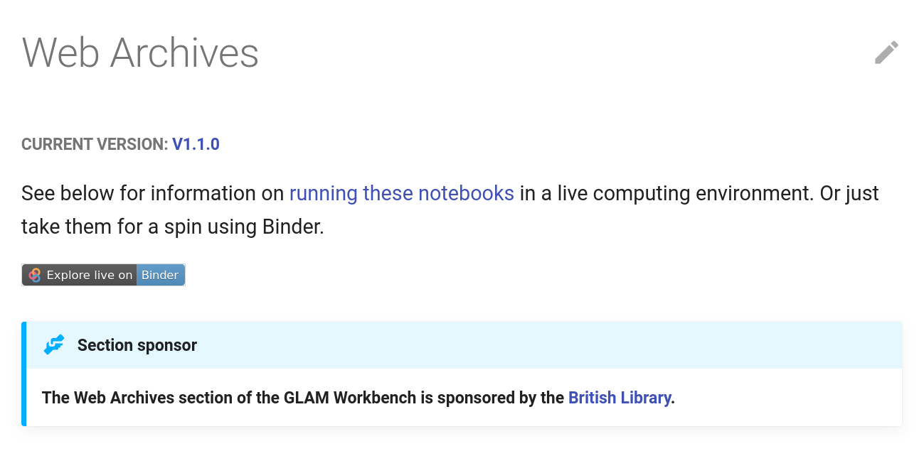 Screenshot of the web archives section showing the acknowledgement of the British Library's sponsorship.