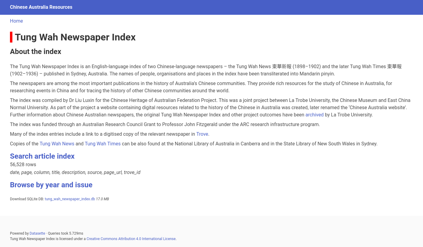 Screen capture of the home page of the Tung Wah Newspaper index, an English-language index of two Chinese-language newspapers – the Tung Wah News 東華新報 (1898–1902) and the later Tung Wah Times 東華報 (1902–1936) – published in Sydney, Australia. The image shows there are links to search the index, and to browse by issue and year.