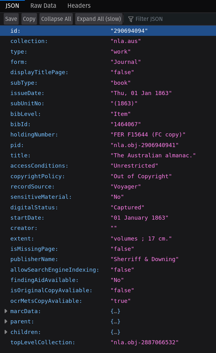 Screenshot of the collapsed JSON metadata returned from the url above. It includes fields such as 'title', 'accessConditions', 'marcData', and 'children'.