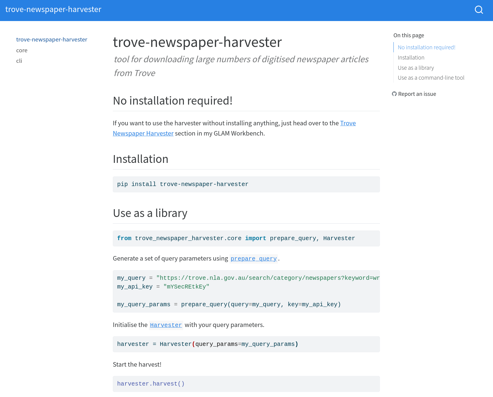 Screenshot of the trove-newspaper-harvester documentation describing its use as a Python library.