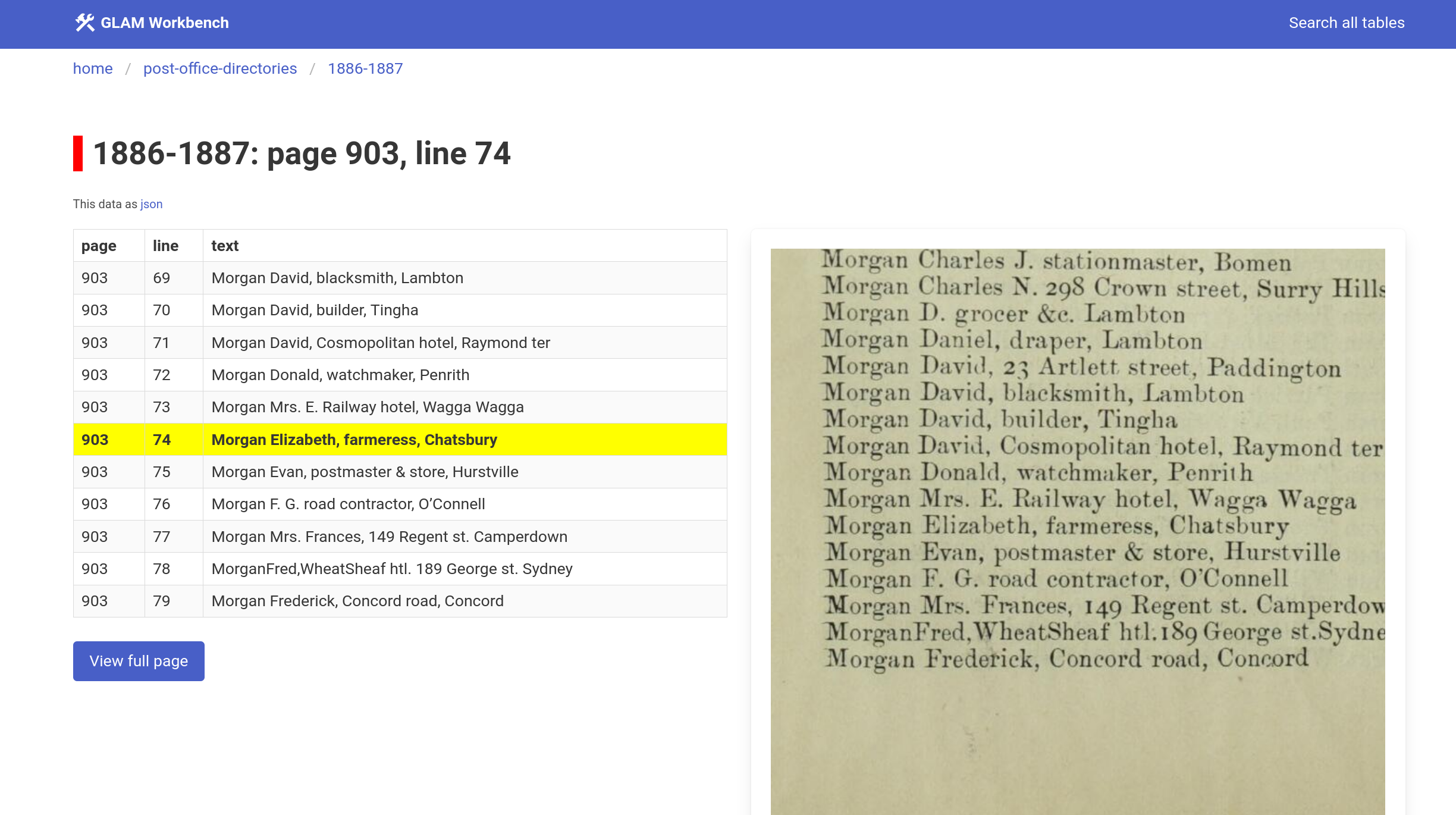 Screenshot of information about a single row in the NSW Post Office Directories. The row is highlighted in yellow, and displayed in context with five rows above and below. There’s a button to view the full page, and box displaying a zoomable image of the page from Trove.