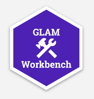 Proof image of a hexagonal sticker. The sticker has white lettering on a blue blackground which reads GLAM Workbench. In the centre is a crossed hammer and wrench icon.