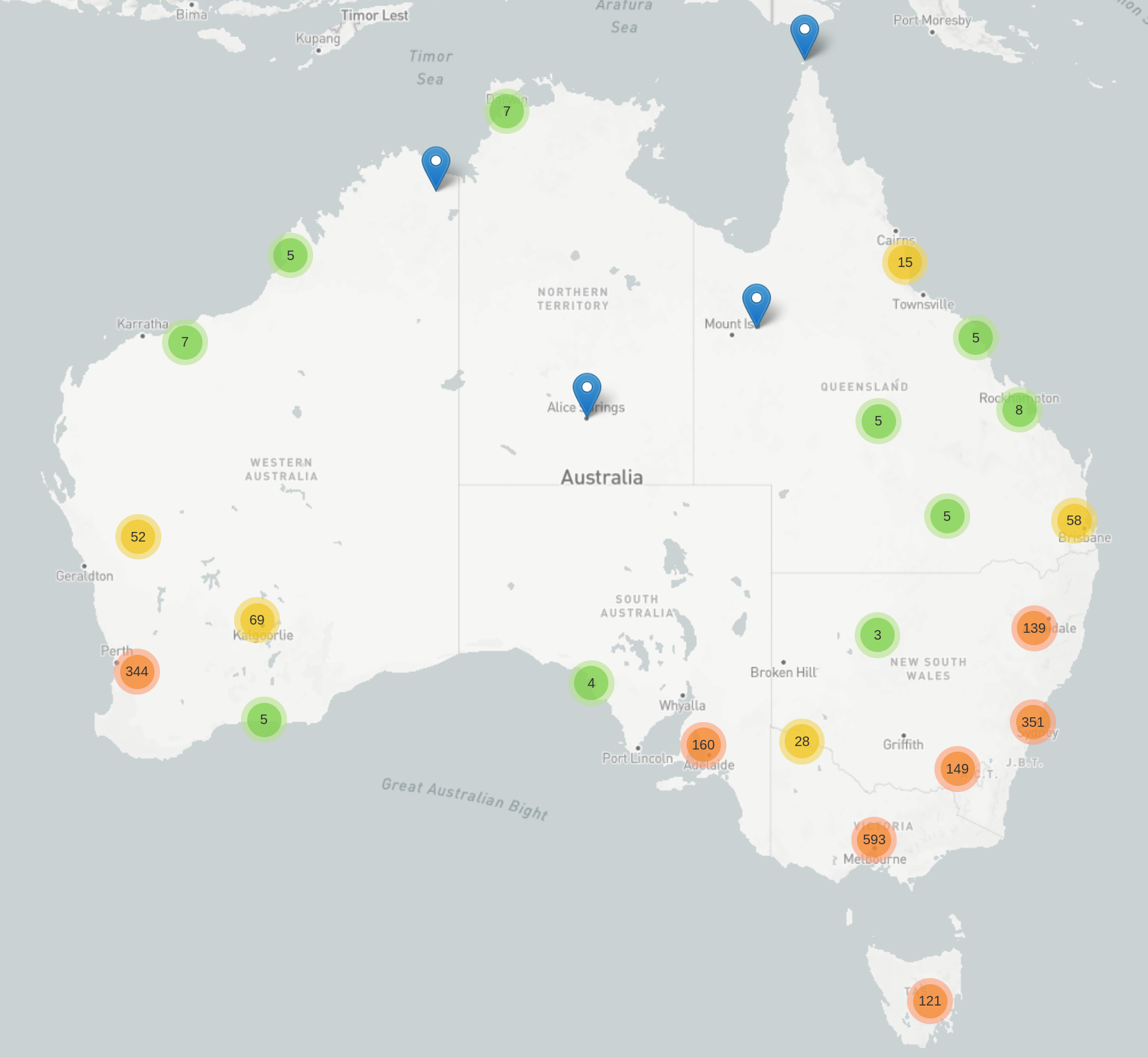 A map of Australia with coloured markers indicating the number of Trove’s digitised newspapers published in different locations around the country.