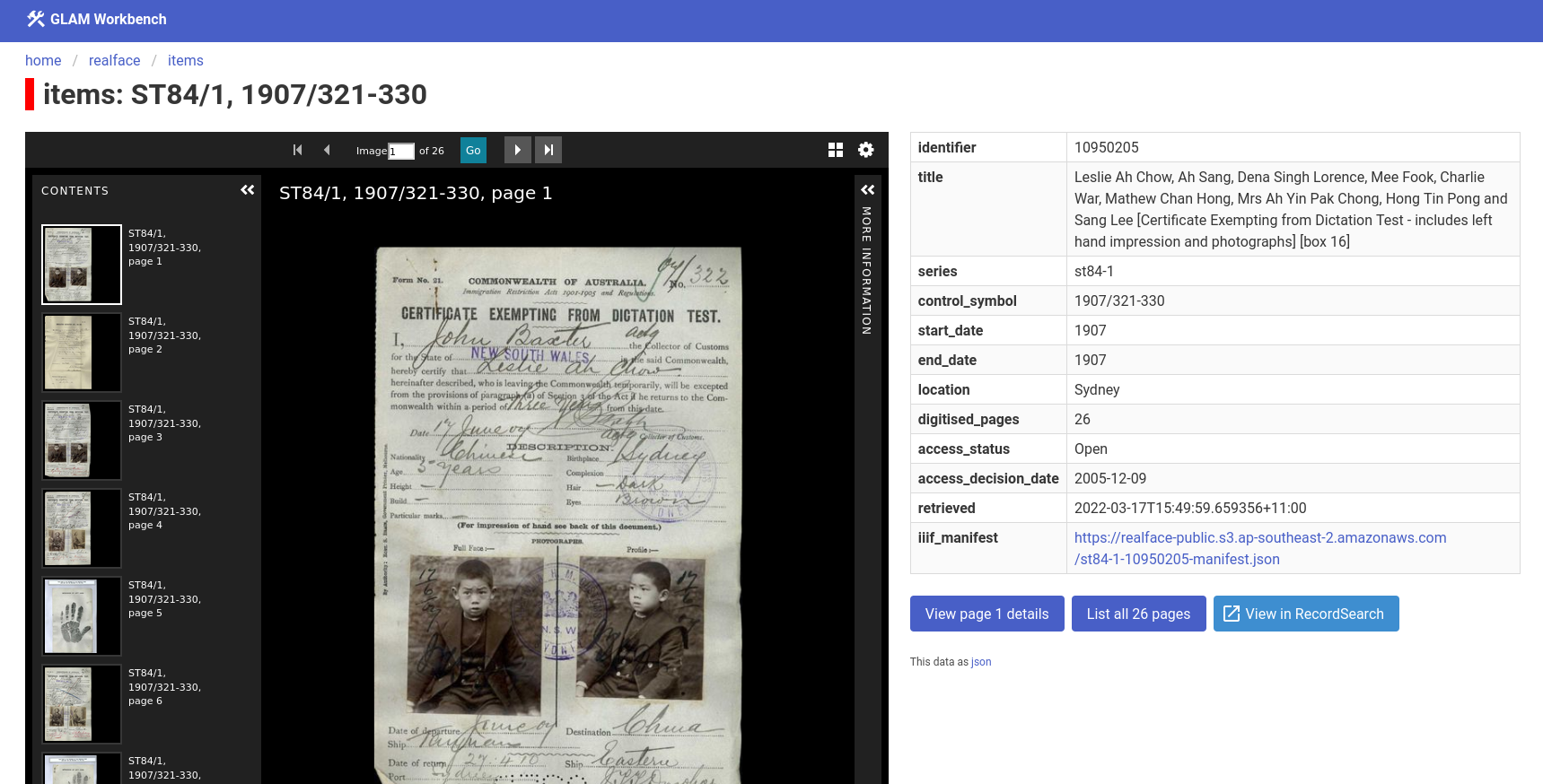 Screenshot of new site for displaying records relating to the White Australia Policy from the National Archives of Australia. On the left is the Universal viewer showing page images. On the right is the file metadata in tabular format.